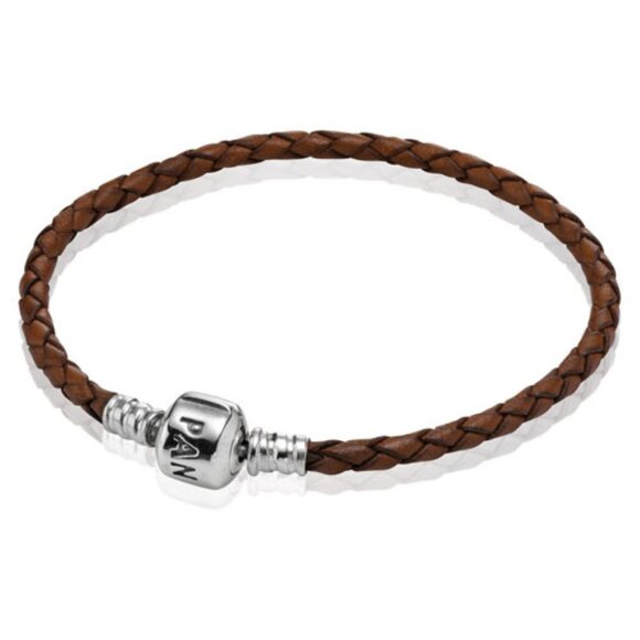 Pandora Brown Braided Leather Bracelet with Silver Clasp - Picture 1 of 9
